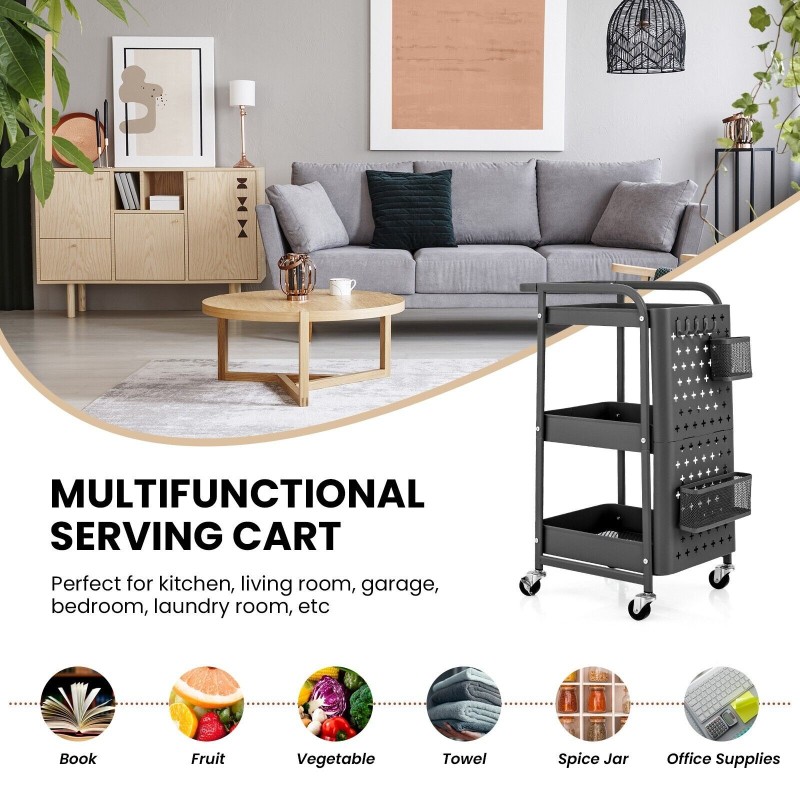 Kolmitasoinen harmaa rullakärry irrotettavilla pegboardeilla