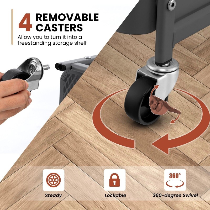 Kolmitasoinen harmaa rullakärry irrotettavilla pegboardeilla