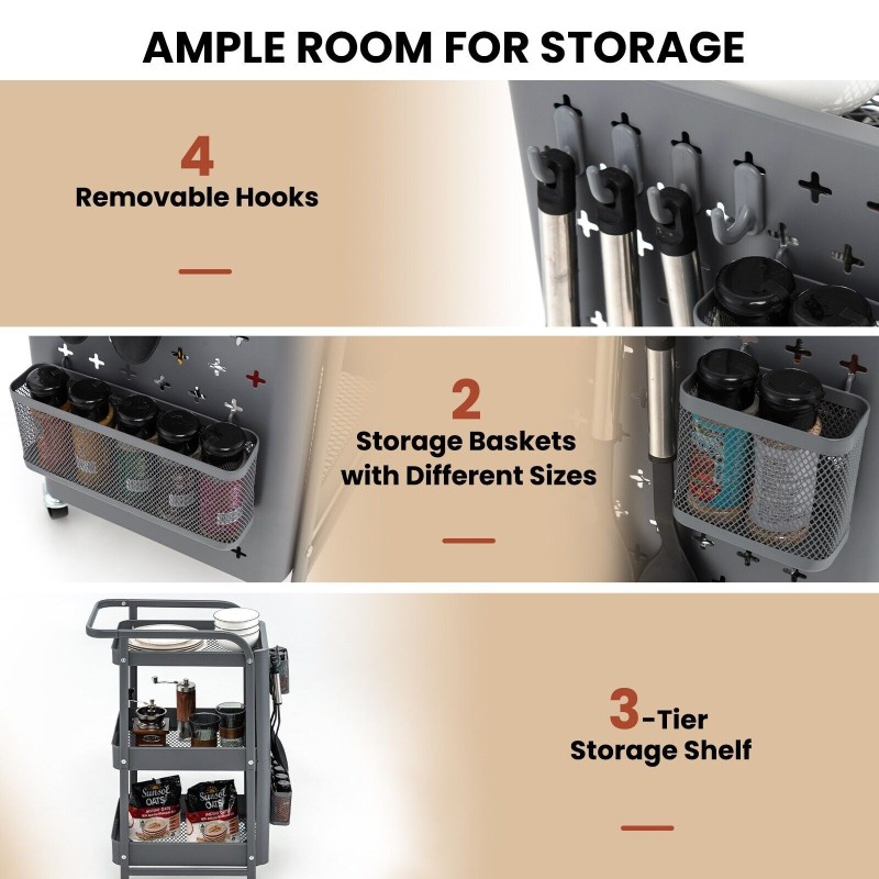 Kolmitasoinen harmaa rullakärry irrotettavilla pegboardeilla