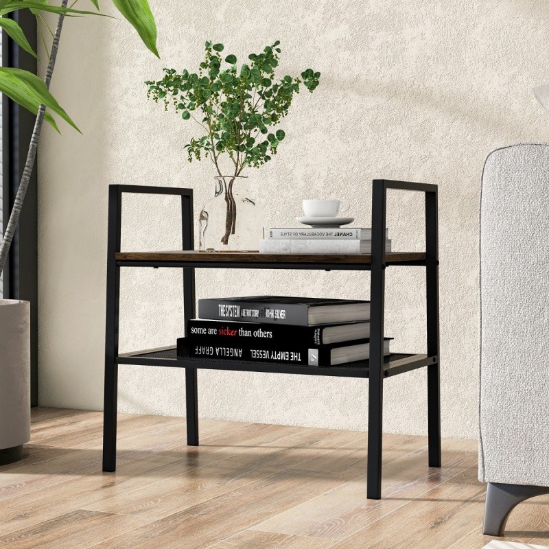 Kaksikerroksinen pinottava puu- ja metallikenkähylly, ruskea