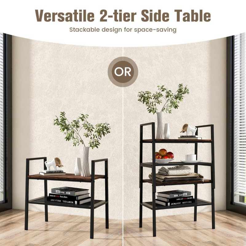 Kaksikerroksinen pinottava puu- ja metallikenkähylly, ruskea