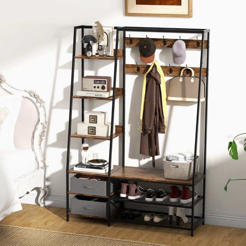 Monikäyttöinen ruskea naulakko 9 koukulla ja 6 hyllyllä