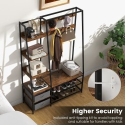 Monikäyttöinen ruskea naulakko 9 koukulla ja 6 hyllyllä