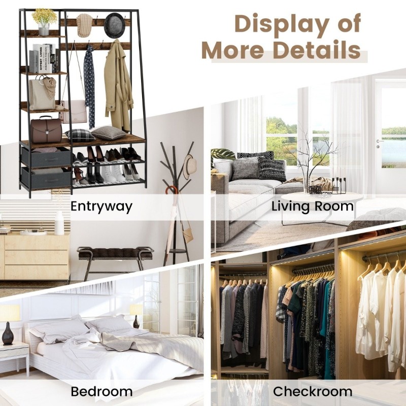 Monikäyttöinen ruskea naulakko 9 koukulla ja 6 hyllyllä