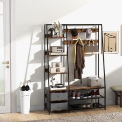 Monikäyttöinen ruskea naulakko 9 koukulla ja 6 hyllyllä