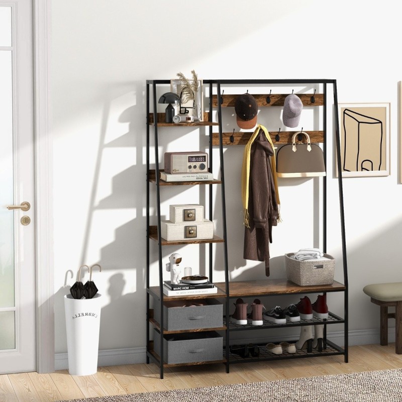 Monikäyttöinen ruskea naulakko 9 koukulla ja 6 hyllyllä