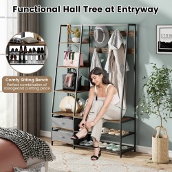 Monikäyttöinen ruskea naulakko 9 koukulla ja 6 hyllyllä