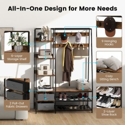 Monikäyttöinen ruskea naulakko 9 koukulla ja 6 hyllyllä