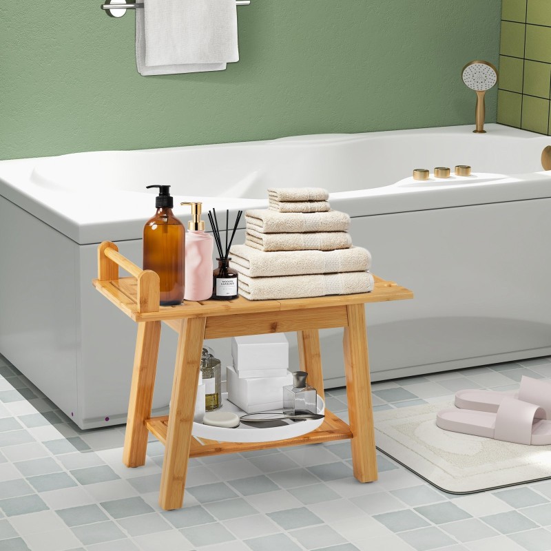 Bambusinen suihkupenkki säilytystilalla, luonnollinen väri