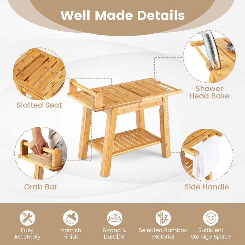 Bambusinen suihkupenkki säilytystilalla, luonnollinen väri