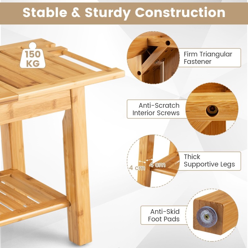 Bambusinen suihkupenkki säilytystilalla, luonnollinen väri