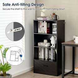 Musta puinen säilytyshylly laatikolla ja kolmella avohyllyllä