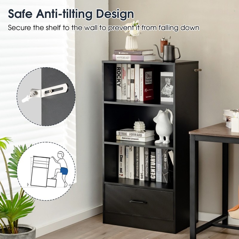 Musta puinen säilytyshylly laatikolla ja kolmella avohyllyllä