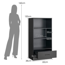 Musta puinen säilytyshylly laatikolla ja kolmella avohyllyllä