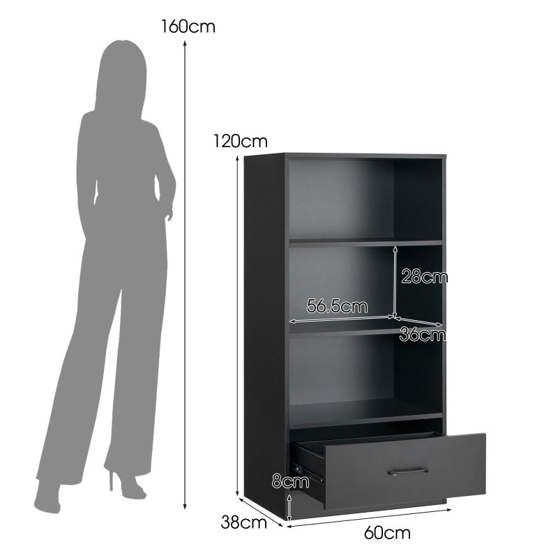 Musta puinen säilytyshylly laatikolla ja kolmella avohyllyllä