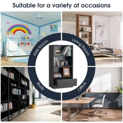 Musta puinen säilytyshylly laatikolla ja kolmella avohyllyllä