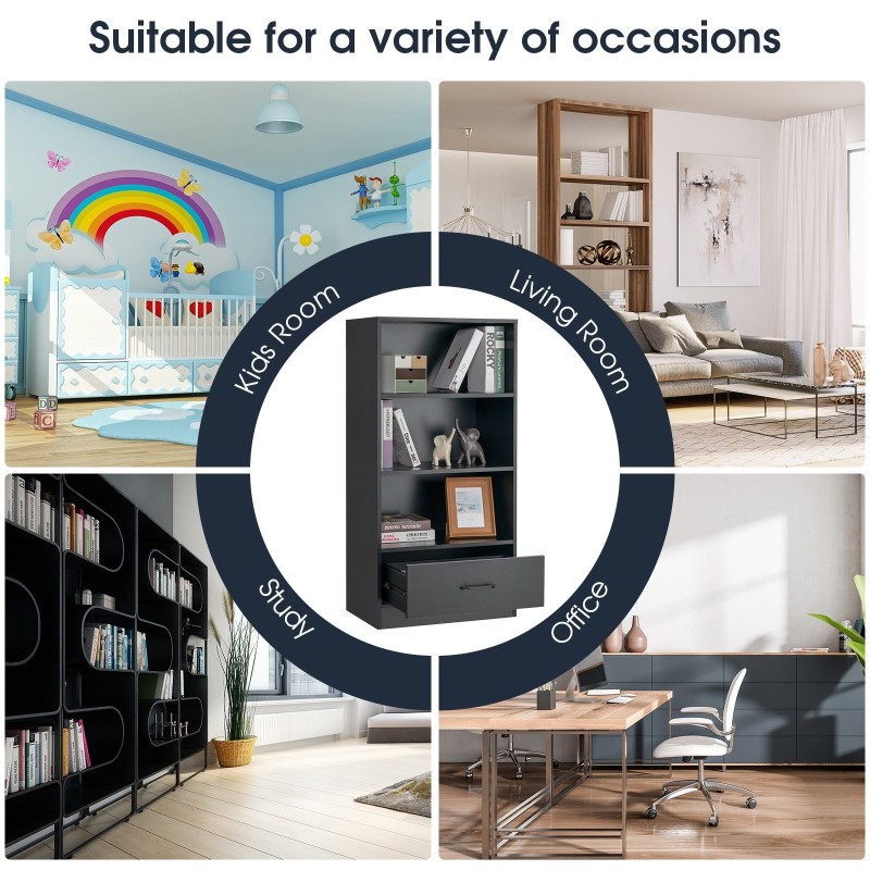 Musta puinen säilytyshylly laatikolla ja kolmella avohyllyllä