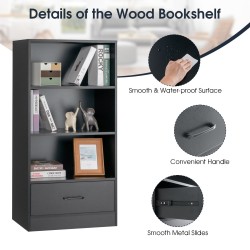 Musta puinen säilytyshylly laatikolla ja kolmella avohyllyllä