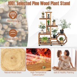 Monikerroksinen puinen kukkateline pyörillä, luonnollinen väri