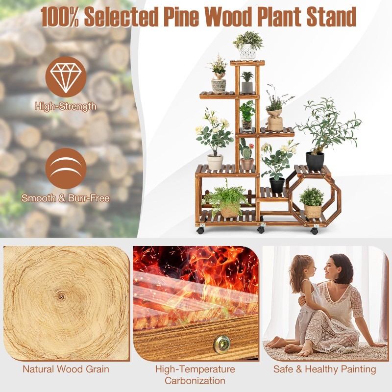 Monikerroksinen puinen kukkateline pyörillä, luonnollinen väri