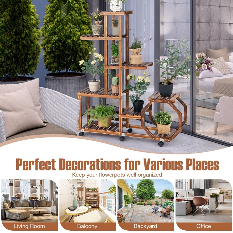 Monikerroksinen puinen kukkateline pyörillä, luonnollinen väri