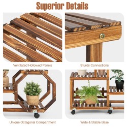 Monikerroksinen puinen kukkateline pyörillä, luonnollinen väri