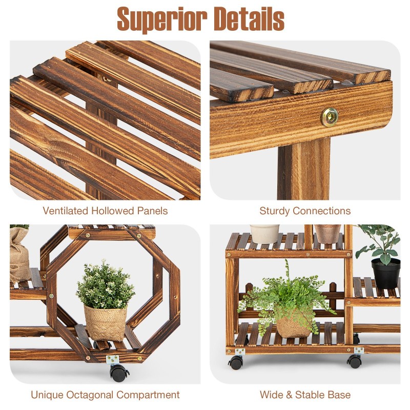 Monikerroksinen puinen kukkateline pyörillä, luonnollinen väri