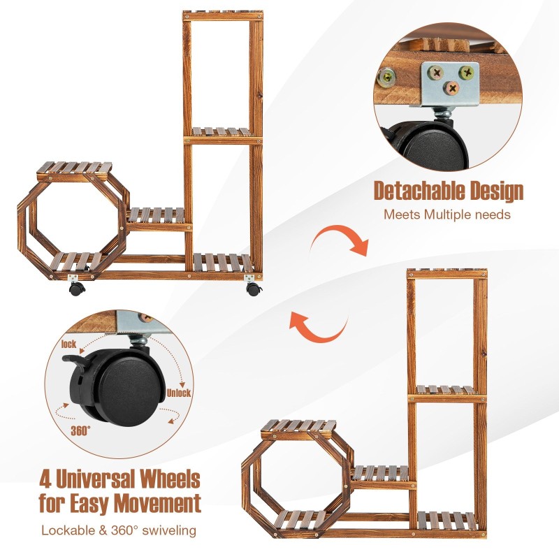 Puinen kasviteline pyörillä ja irrotettavilla hyllyillä luonnonväri
