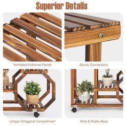 Puinen kasviteline pyörillä ja irrotettavilla hyllyillä luonnonväri