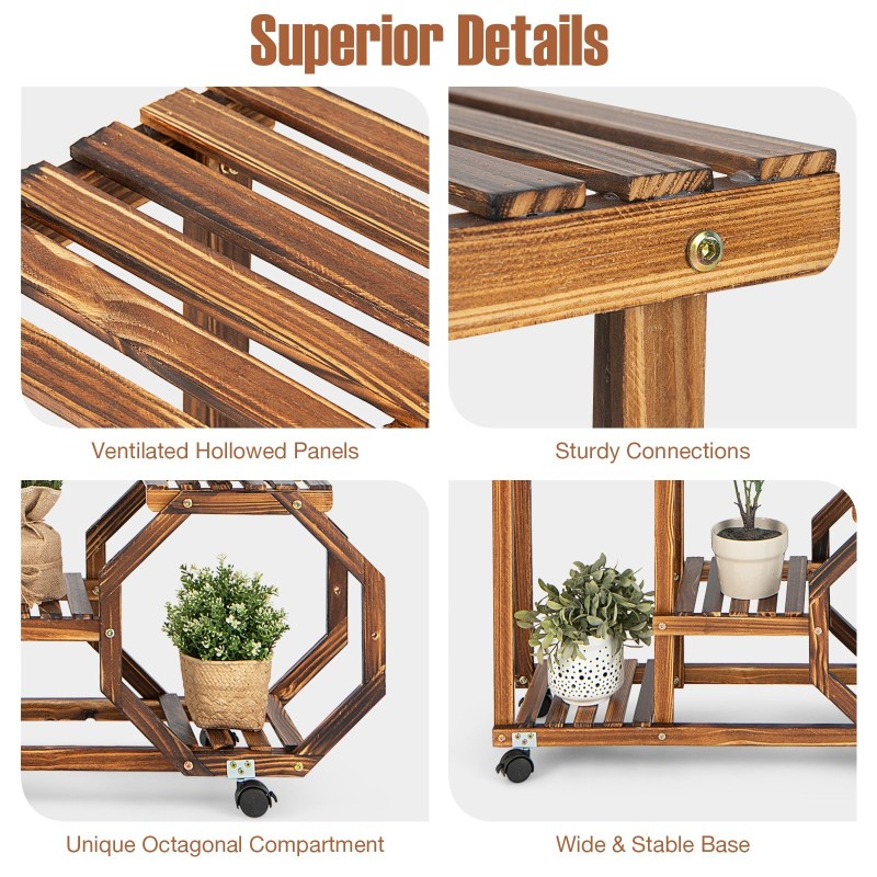 Puinen kasviteline pyörillä ja irrotettavilla hyllyillä luonnonväri