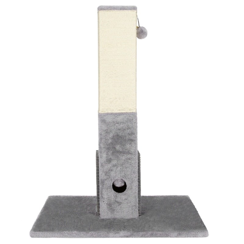 Korkea harmaa kissan raapimispuu hierontakammalla ja palloilla