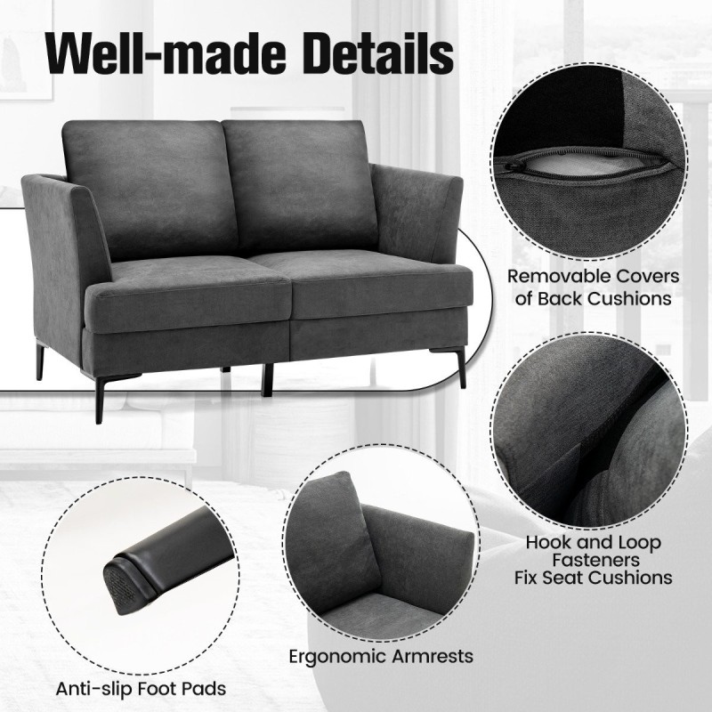 Moderni harmaa 2-istuttava pellavakangassohva ergonomisilla käsinojilla