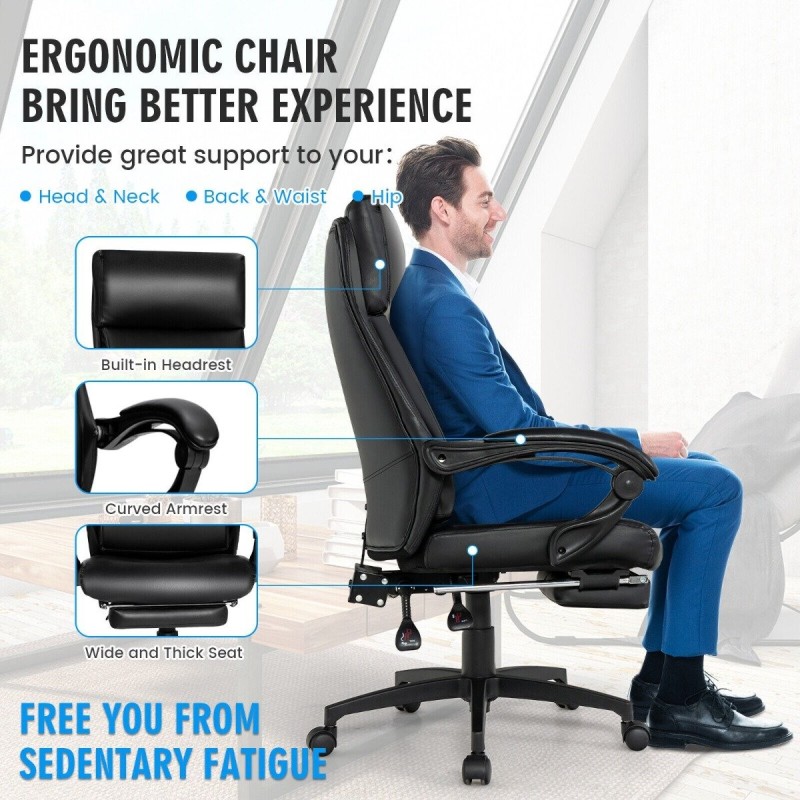 Ergonominen musta johtajantuoli pääntuella ja jalkatuella