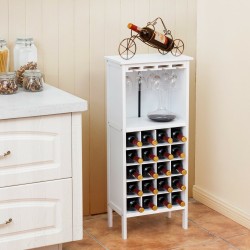 Valkoinen puinen viinikaappi 20 pullolle ja lasitelineellä