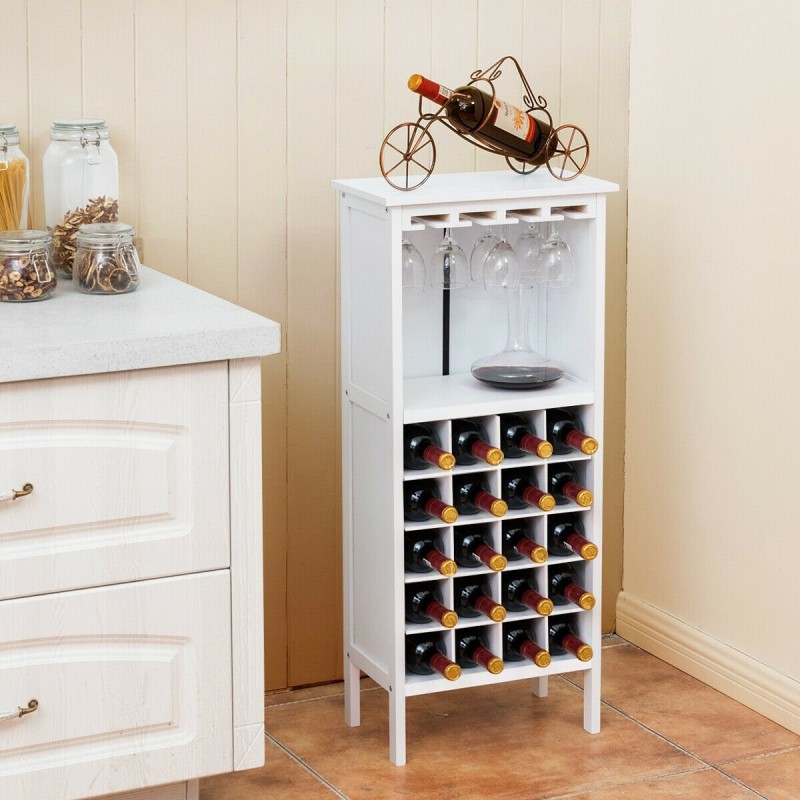 Valkoinen puinen viinikaappi 20 pullolle ja lasitelineellä