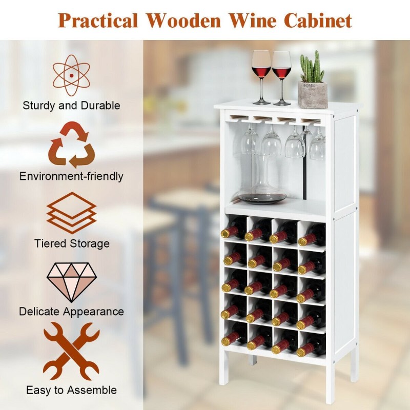 Valkoinen puinen viinikaappi 20 pullolle ja lasitelineellä