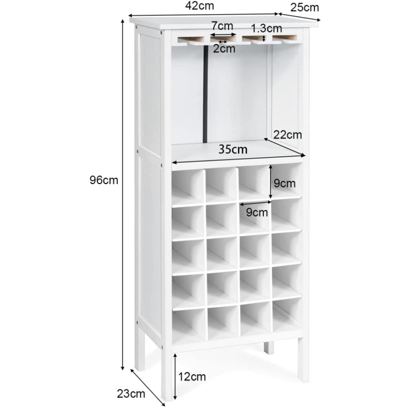 Valkoinen puinen viinikaappi 20 pullolle ja lasitelineellä