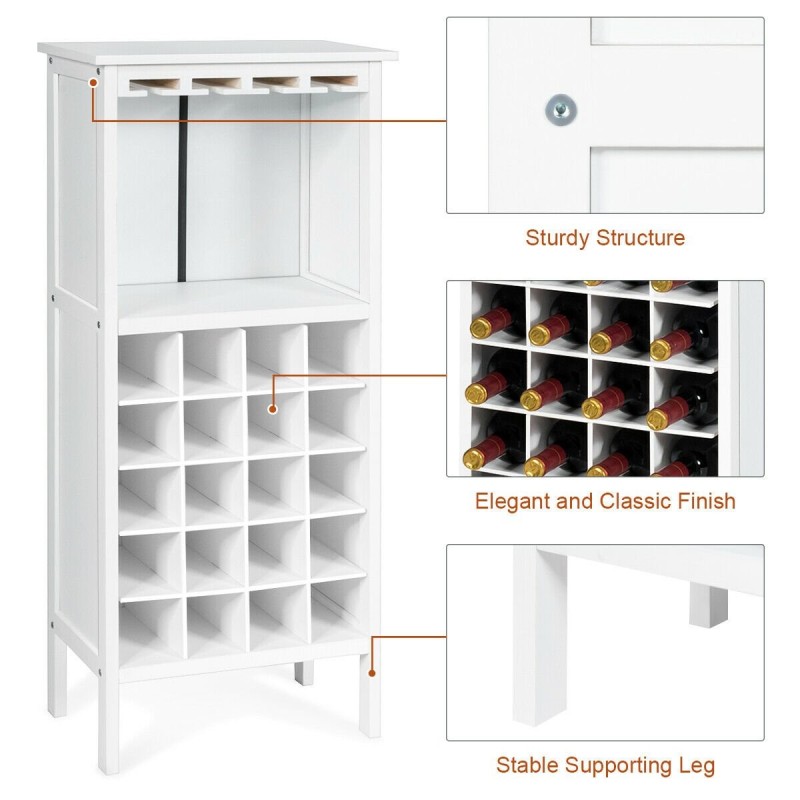 Valkoinen puinen viinikaappi 20 pullolle ja lasitelineellä