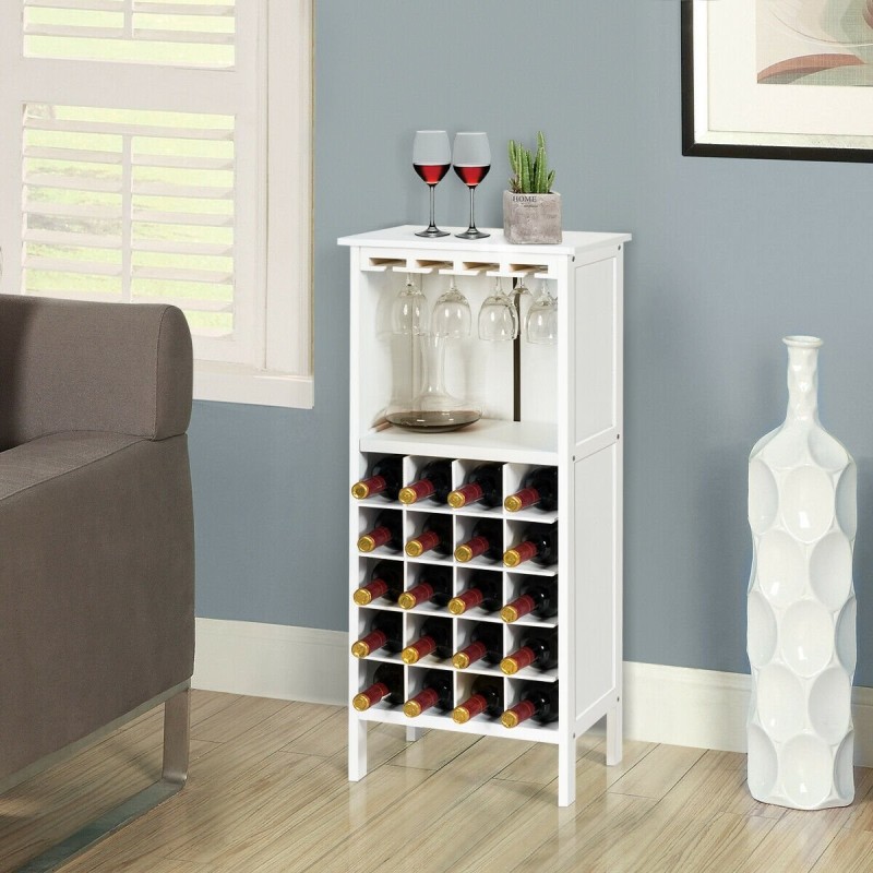 Valkoinen puinen viinikaappi 20 pullolle ja lasitelineellä