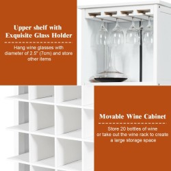 Valkoinen puinen viinikaappi 20 pullolle ja lasitelineellä