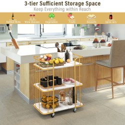 Kultainen kolmitasoinen tarjoiluvaunu marmorikuvioilla ja pyörillä