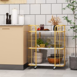 Kultainen kolmitasoinen tarjoiluvaunu marmorikuvioilla ja pyörillä