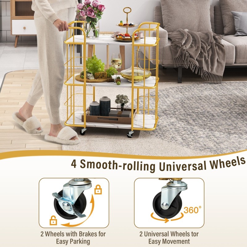 Kultainen kolmitasoinen tarjoiluvaunu marmorikuvioilla ja pyörillä