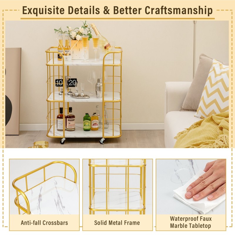 Kultainen kolmitasoinen tarjoiluvaunu marmorikuvioilla ja pyörillä