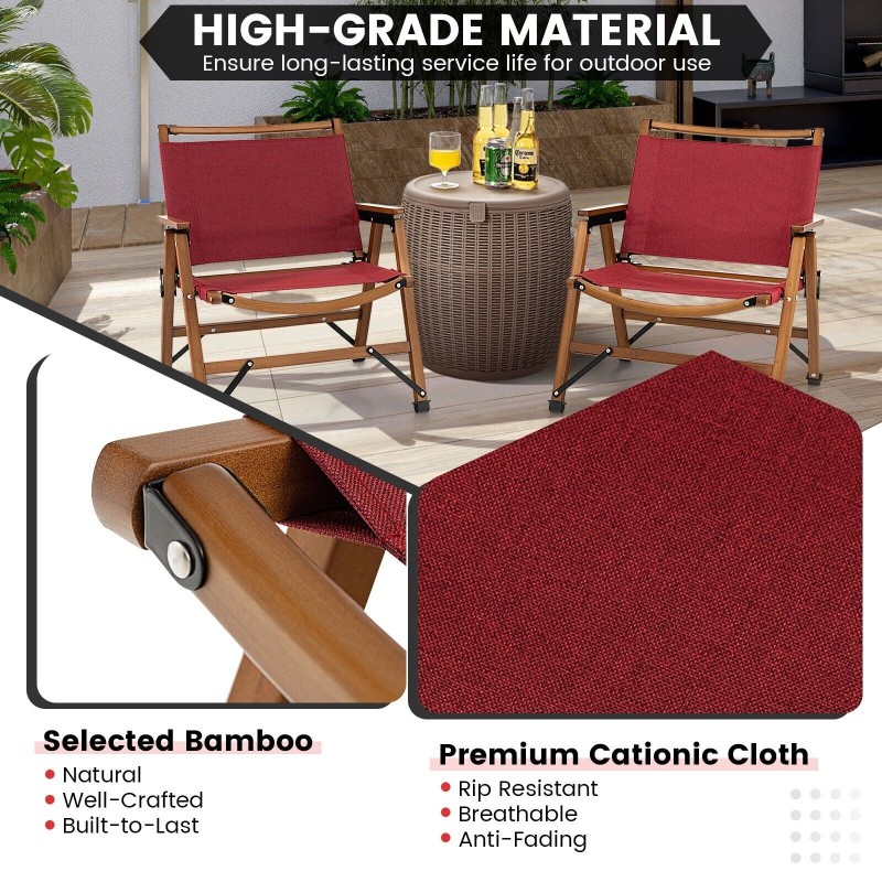 Kokoontaitettava punainen bambu campingtuoli ulkoiluun