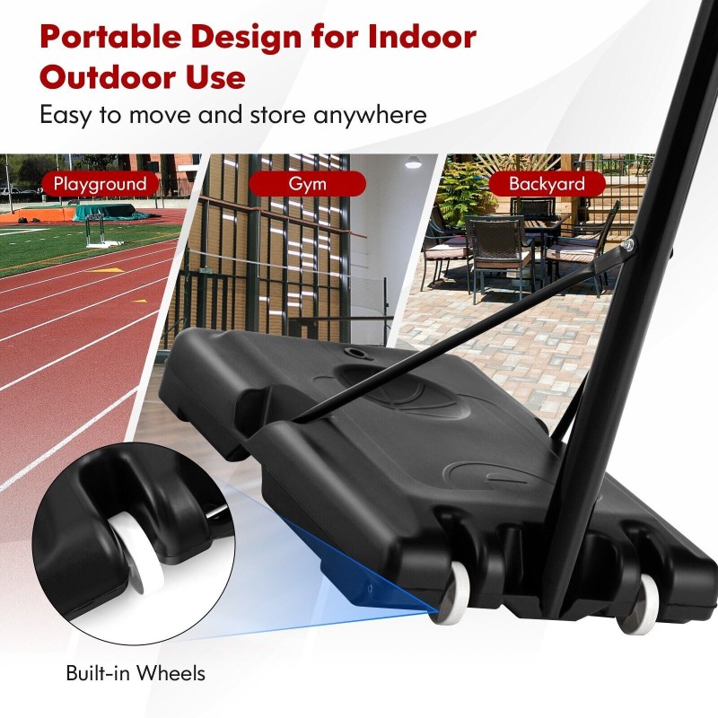 Säädettävä musta koripalloteline pyörillä ja taustalevyllä