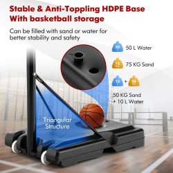 Säädettävä musta koripalloteline pyörillä ja taustalevyllä