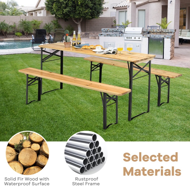 Taitettava puutarhapöytä- ja penkkisetti, luonnonväri, 178 cm