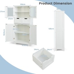 Valkoinen monikäyttöinen kylpyhuonekaappi lasiovilla ja laatikoilla