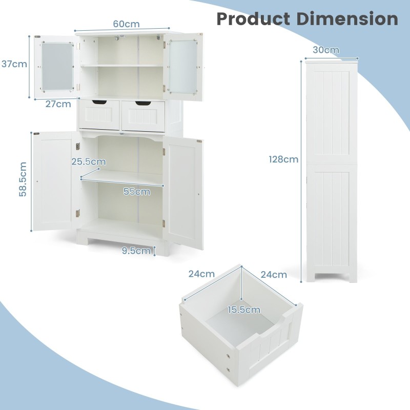 Valkoinen monikäyttöinen kylpyhuonekaappi lasiovilla ja laatikoilla
